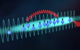 A pencil-shaped ultracold gas of frozen two-level atoms interacting via photon-mediated interactions, with elastic and inelastic components. A continuous laser drive excites the atoms on-resonance. Atoms also spontaneously emit photons into free-space.